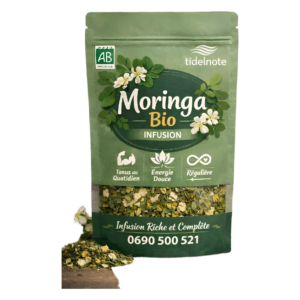 Feuilles et fleurs de moringa bio séchées. Moringa Lumière Royale 50g vrac